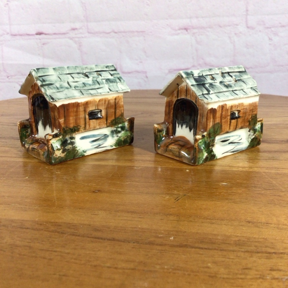 Vintage Covered Bridge Hand Painted Ceramic Salt and Pepper Shaker Pair